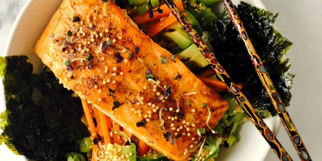 Teriyaki-Glazed Steelhead Trout, Cucumber, Avocado & Mustard Rice Bowls