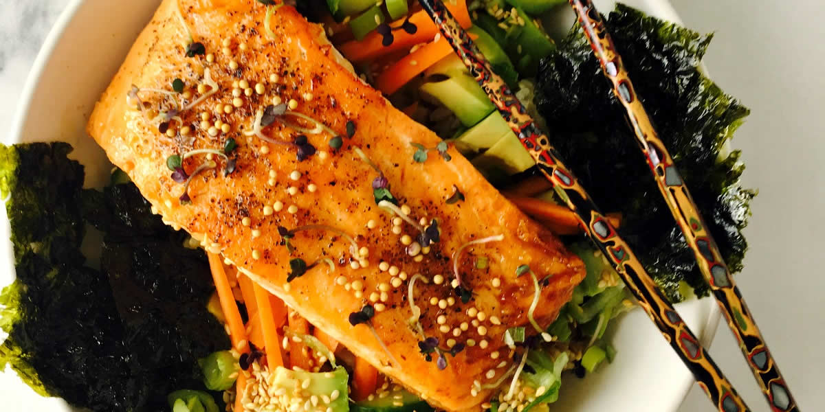 Teriyaki-Glazed Steelhead Trout, Cucumber, Avocado & Mustard Rice Bowls