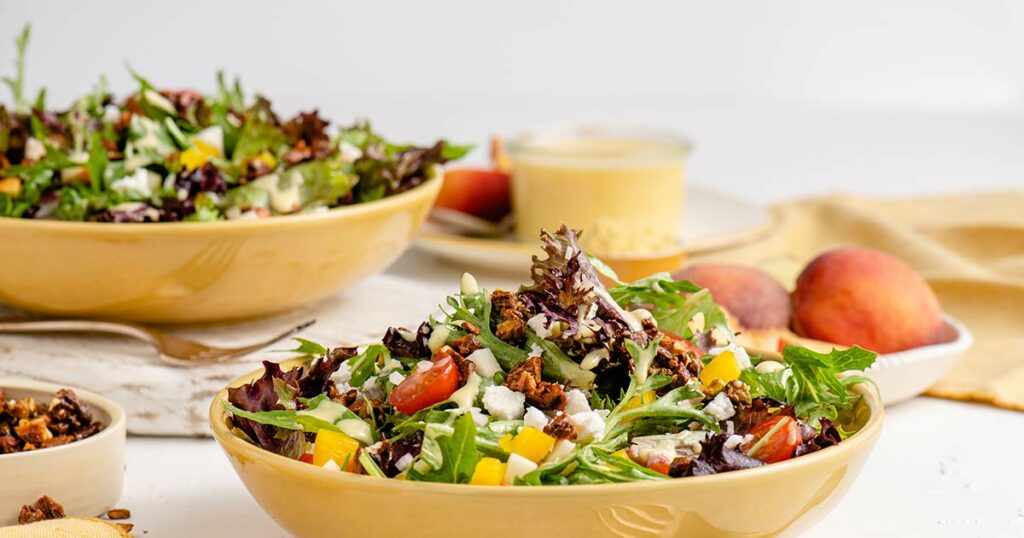 Mixed Baby Greens Salad with Peach, Mustard & Rum Vinaigrette