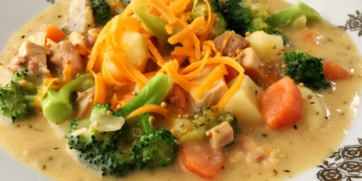 Creamy Broccoli Cheddar and Mustard Chicken Chowder