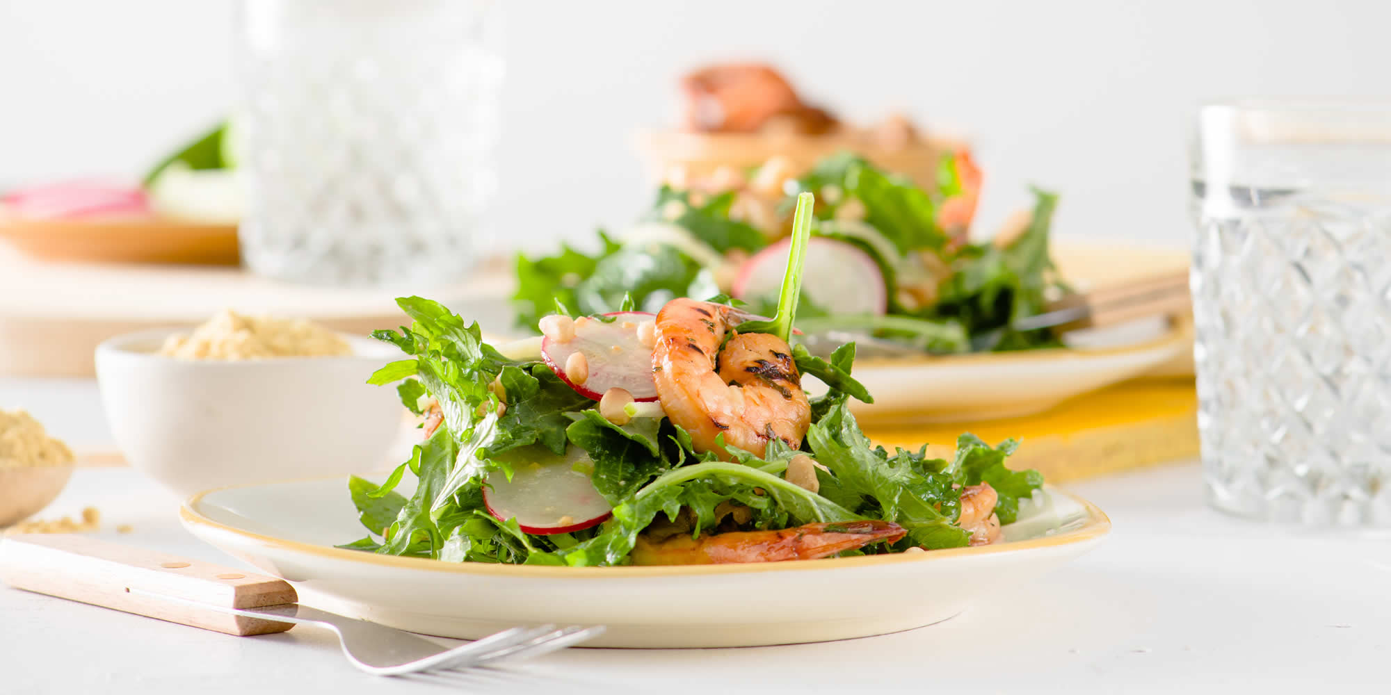 Grilled Mustard-Soy Marinated Prawns with Apple & Radish Salad and Miso-Mustard Vinaigrette