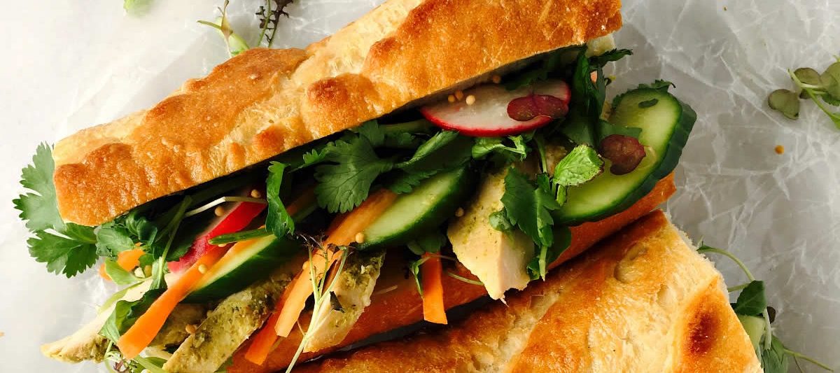 Grilled Chicken Banh Mi Sandwiches With Pickled Vegetables In A Mustard Vinaigrette