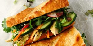 Grilled Chicken Banh Mi Sandwiches With Pickled Vegetables In A Mustard Vinaigrette