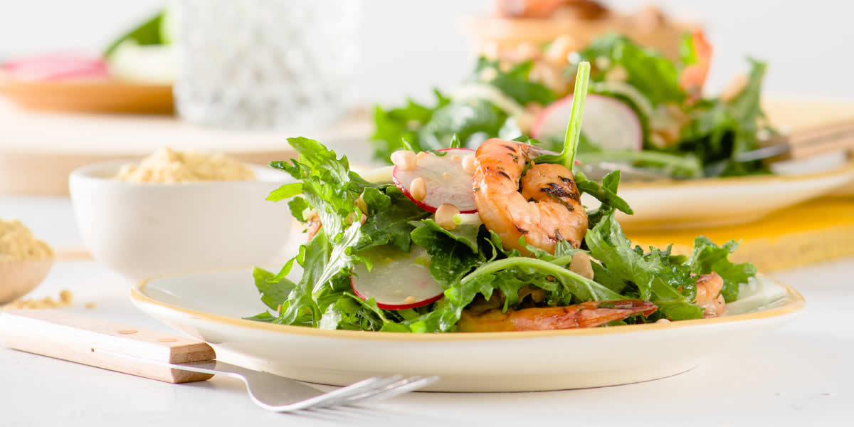 Grilled Mustard-Soy Marinated Prawns With Apple & Radish Salad In A Miso-Mustard Vinaigrette