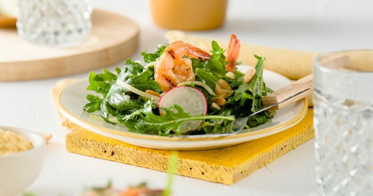 Grilled Mustard-Soy Marinated Prawns With Apple & Radish Salad In A Miso-Mustard Vinaigrette