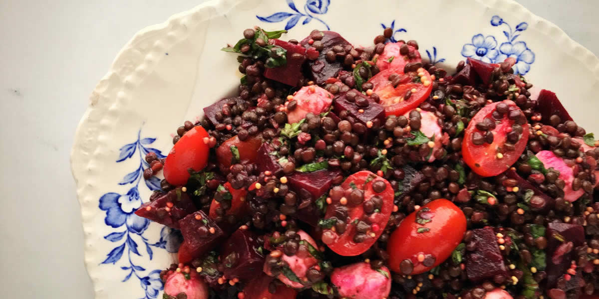 Beet Bocconcini & Tomato Lentil Salad In A Kickin' Mustard Vinaigrette