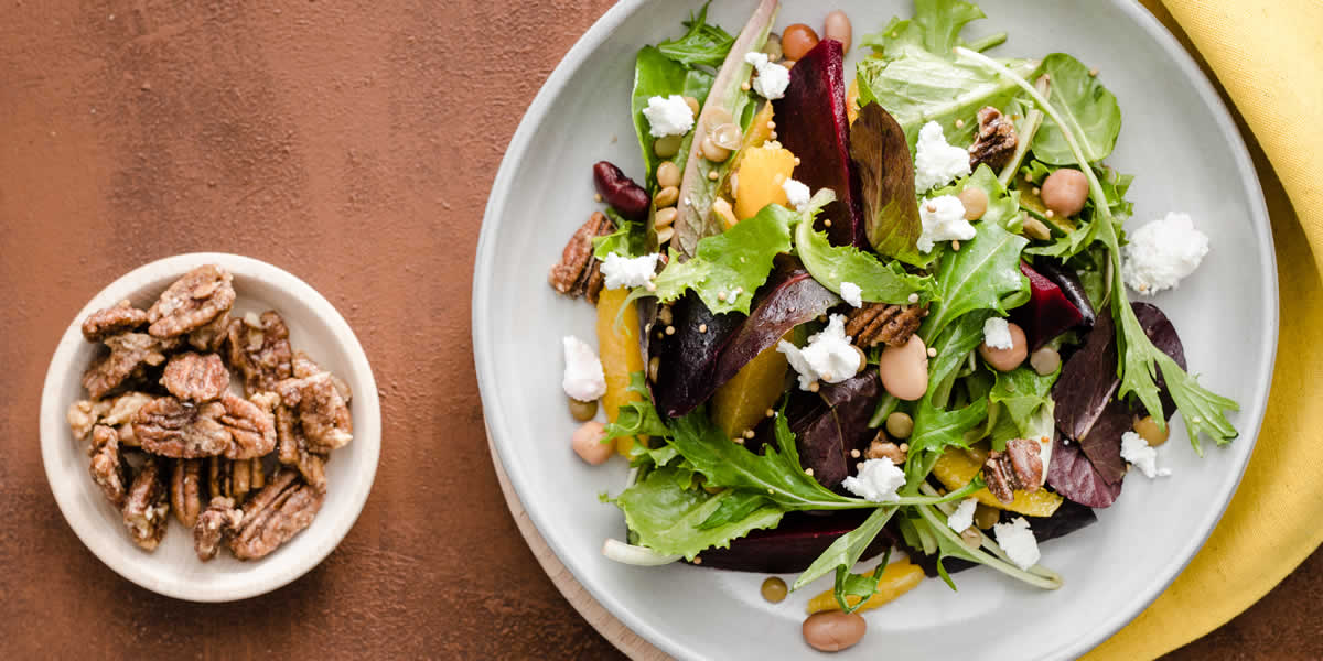 Lentil and Bean Salad with Roasted Beets, Candied Pecans, Orange and Chevre Citrus Mustard Vinaigrette