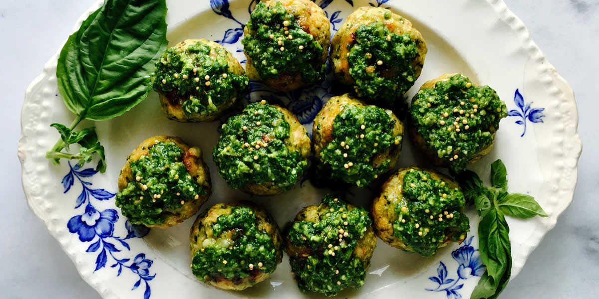 Mozzarella Stuffed Turkey Meatballs In A Lemony Mustard Pesto Sauce