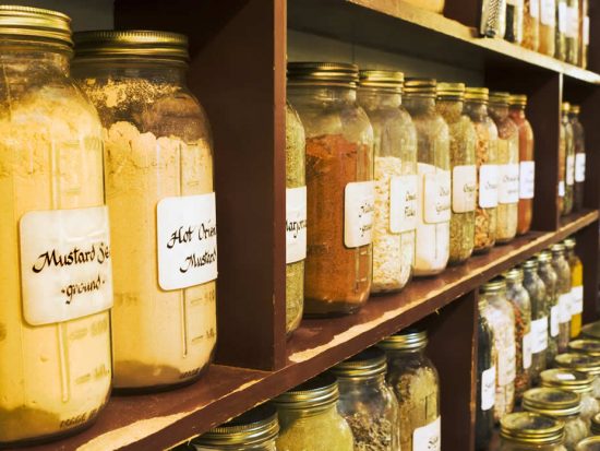 Mustard and spices stored in jars