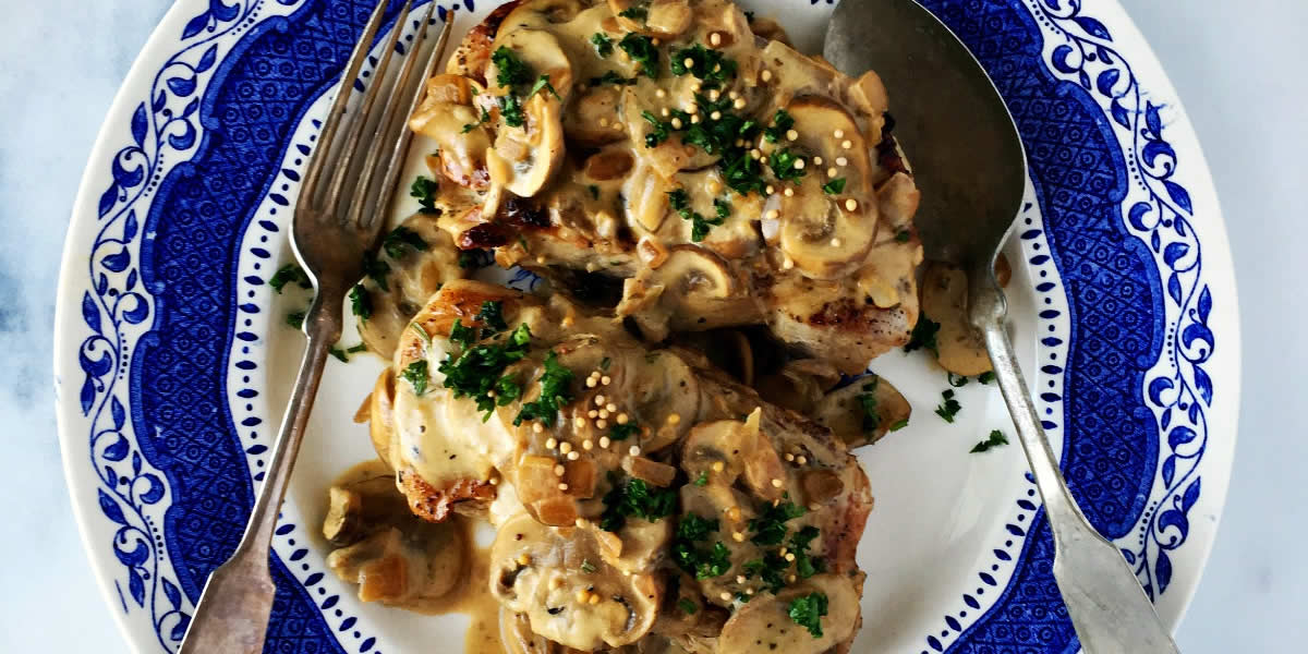 Pork Chops & Mushrooms In A Creamy Mustard Maple Sauce