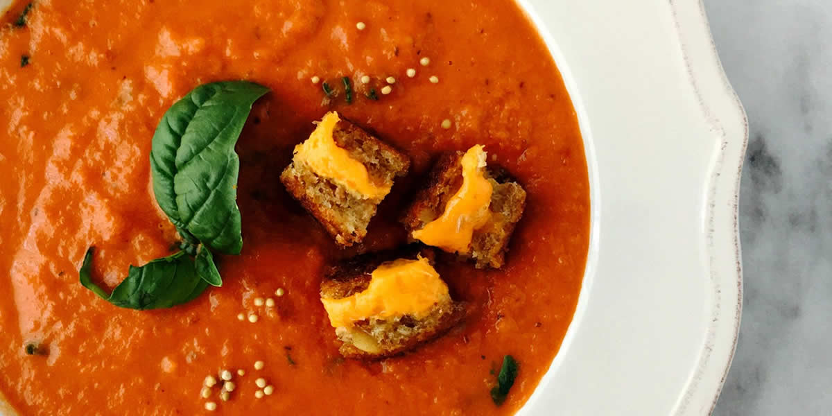 Simple Tomato Soup With Grilled Cheese and Mustard Croutons