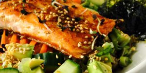 Teriyaki-Glazed Steelhead Trout, Cucumber, Avocado & Mustard Rice Bowls