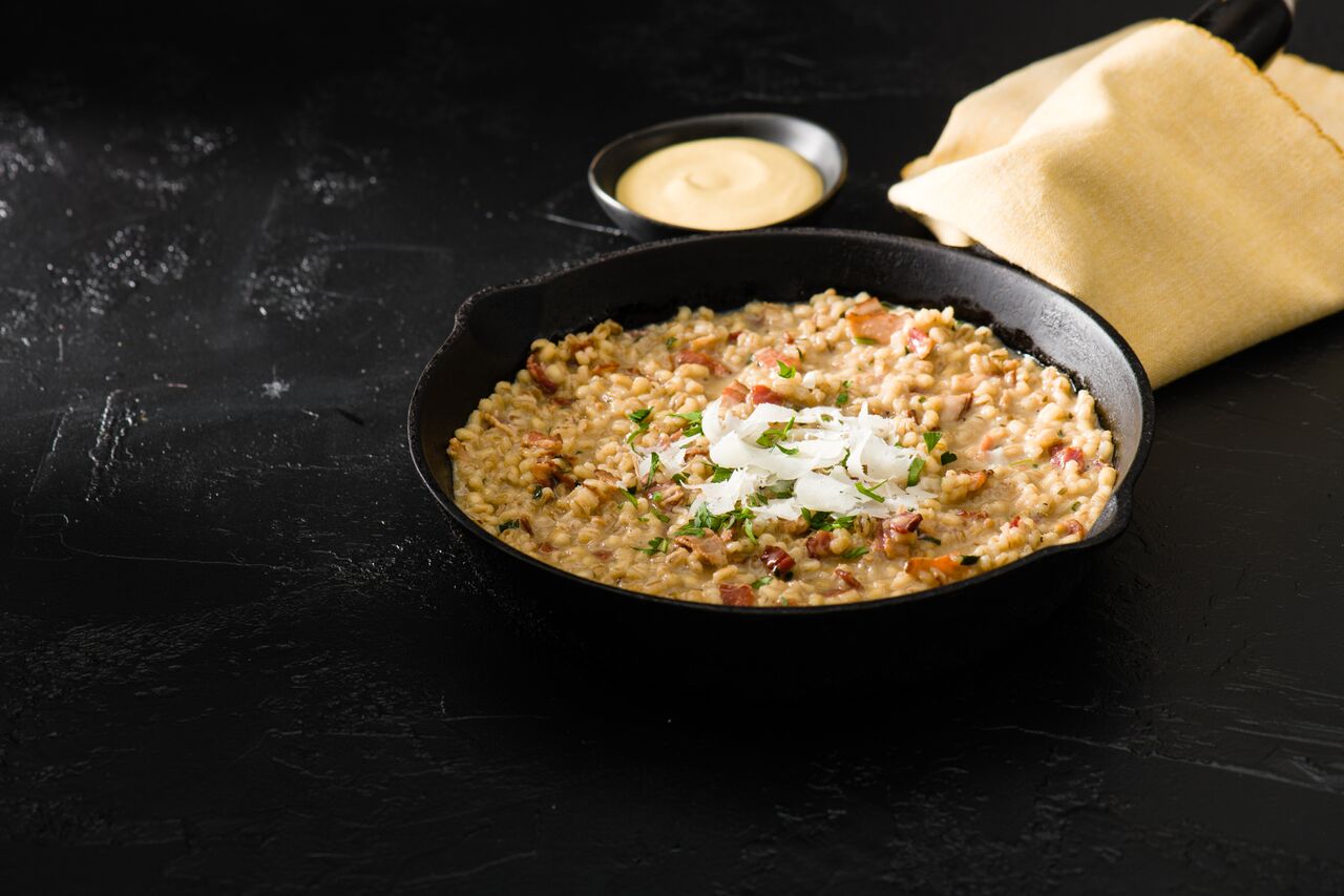 Toasted Barley & Mustard Risotto With Pale Ale & Bacon Nuggets