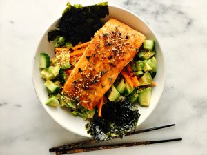 Teriyaki-Glazed Steelhead Trout, Cucumber, Avocado & Mustard Rice Bowls