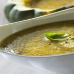 Butternut Squash Soup with Brown Mustard Seeds and Braised Brussels Sprouts