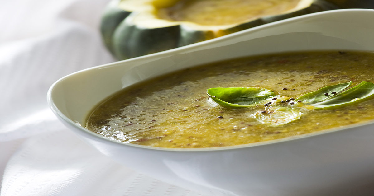 Butternut Squash Soup with Brown Mustard Seeds and Braised Brussels Sprouts