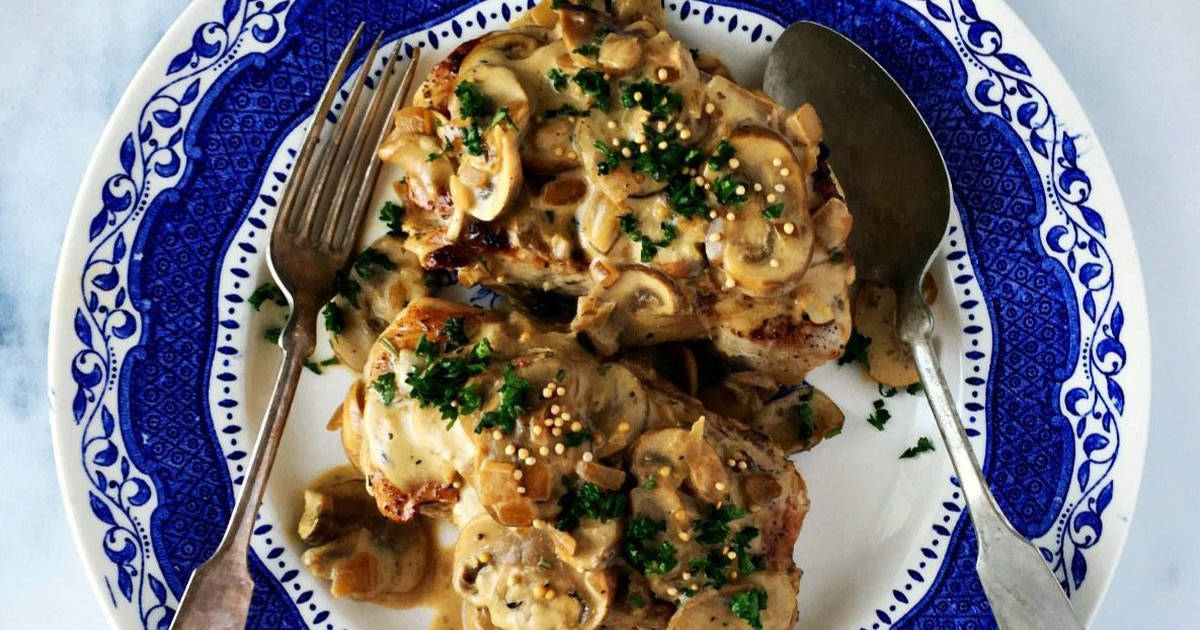 Pork Chops &amp; Mushrooms In A Creamy Mustard Maple Sauce