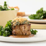 Mustard, Greens & Parmesan Crusted Pork Medallions With Mustard-Ale Sweet Onion Sauce