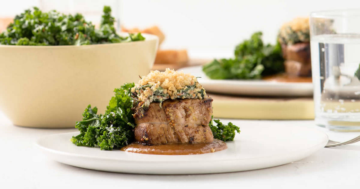 Mustard, Greens & Parmesan Crusted Pork Medallions With Mustard-Ale Sweet Onion Sauce