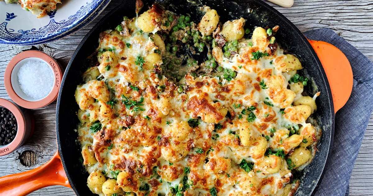 Skillet Gnocchi with Peas, Bacon and Mustard